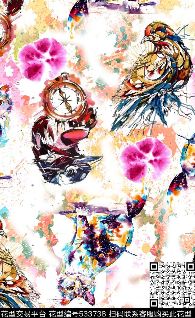 中国风时尚大牌手绘时尚花鸟数码印花华亿平台下载（图片编号: 533738） - 瓦栏（Walan）