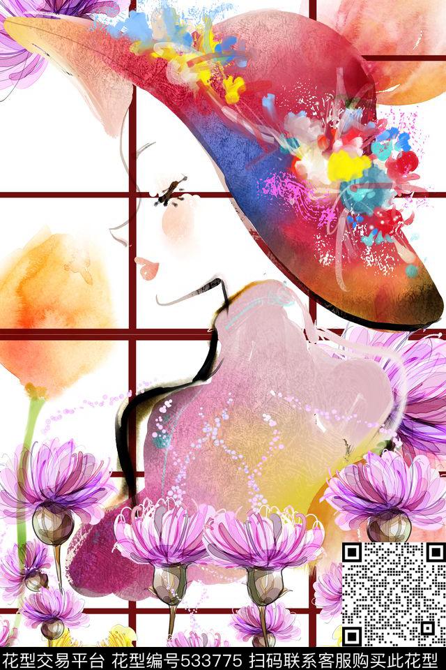花卉美丽女郎手绘数码印花华亿平台下载（图片编号: 533775） - 瓦栏（Walan）