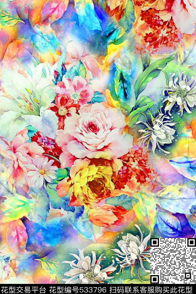 时尚树叶水彩花卉数码印花华亿平台下载（图片编号: 533796） - 瓦栏（Walan）