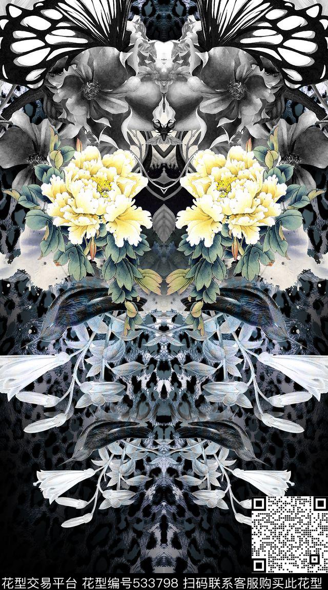 时尚牡丹花卉数码印花华亿平台下载（图片编号: 533798） - 瓦栏（Walan）