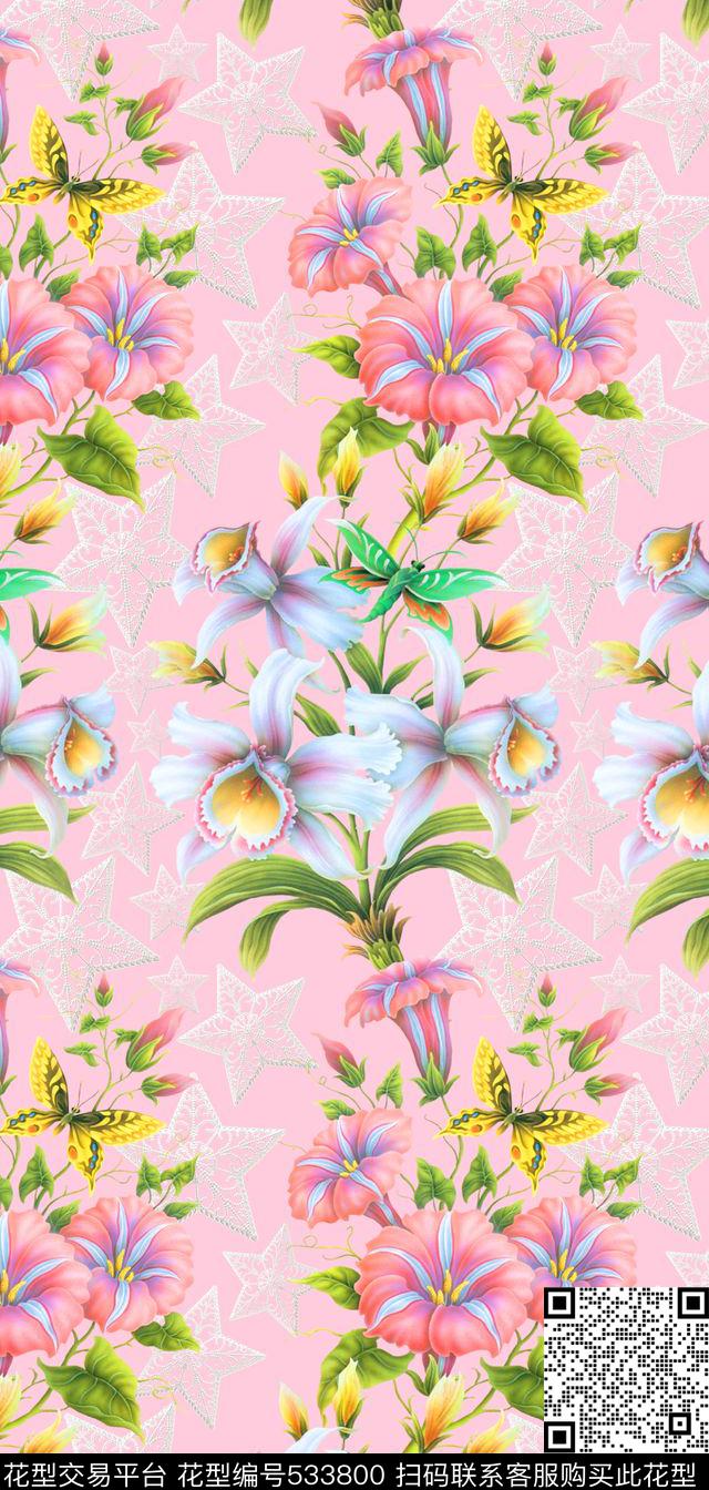 田园风手绘花卉星星密语欧美流行时尚数码印花华亿平台下载（图片编号: 533800） - 瓦栏（Walan）