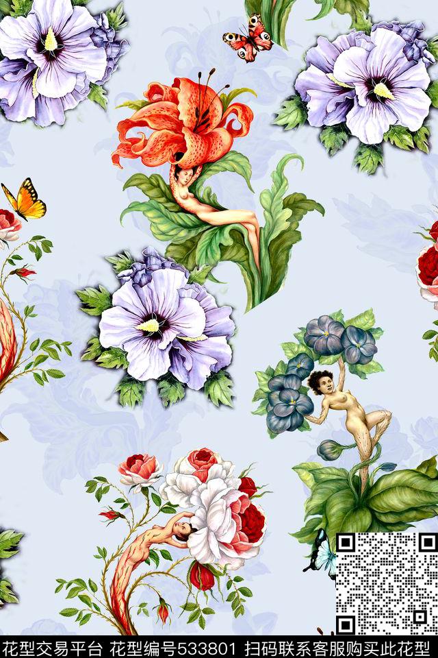 抽象花卉人物数码印花华亿平台下载（图片编号: 533801） - 瓦栏（Walan）