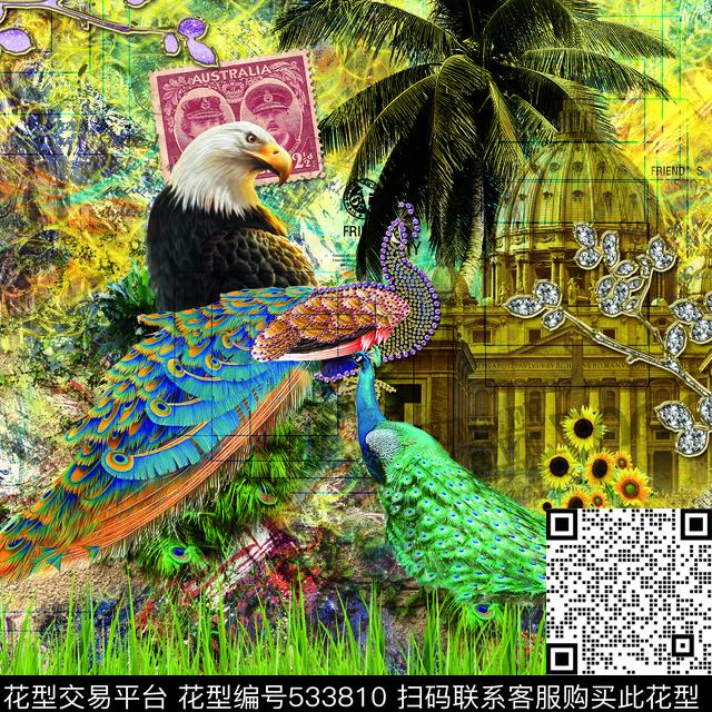 欧美孔雀老鹰数码印花华亿平台下载（图片编号: 533810） - 瓦栏（Walan）