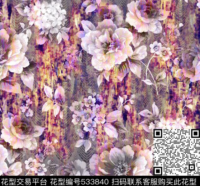 时尚流行写实花卉几何肌理底纹数码印花华亿平台下载（图片编号: 533840） - 瓦栏（Walan）
