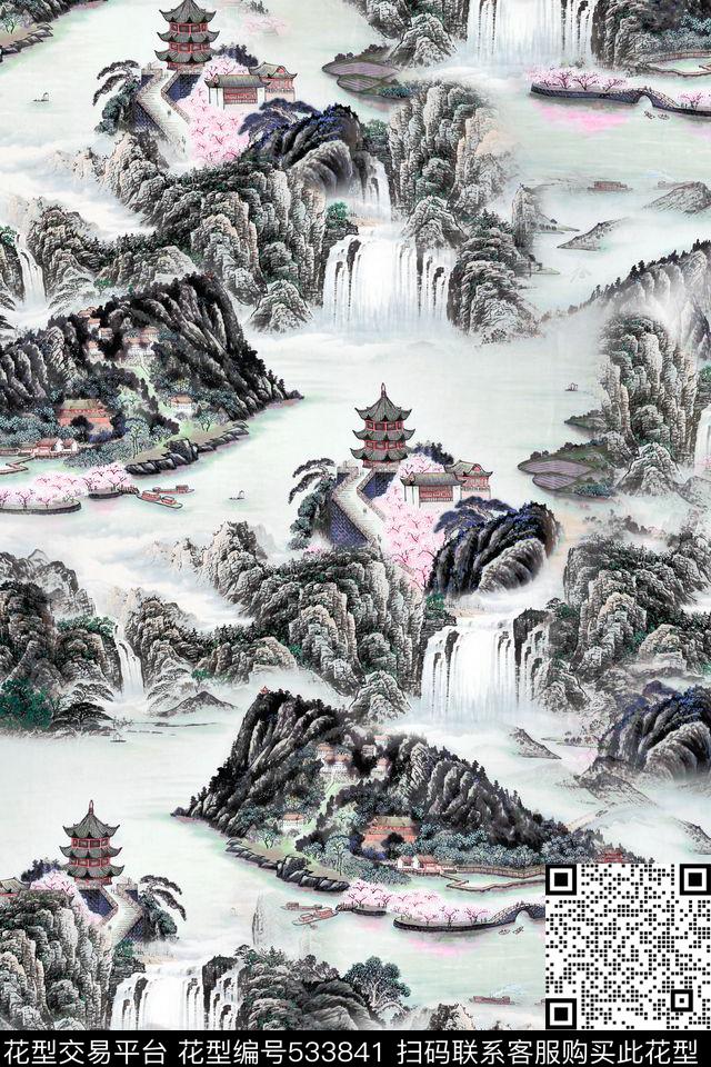 L.D~中国风L.D~手绘L.D~水墨数码印花华亿平台下载（图片编号: 533841） - 瓦栏（Walan）