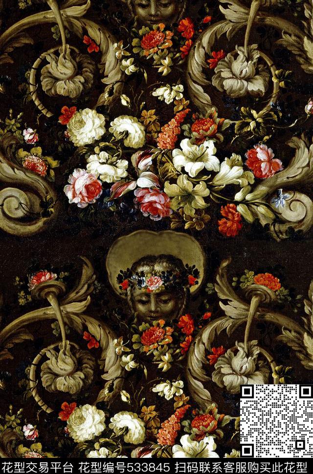 油画花卉油画花卉肖像写实牡丹时尚欧美玫瑰欧式花边对称数码印花华亿平台下载（图片编号: 533845） - 瓦栏（Walan）