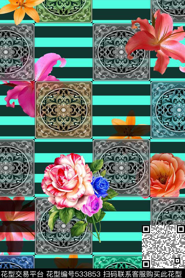 时尚几何条子花卉数码印花华亿平台下载（图片编号: 533853） - 瓦栏（Walan）