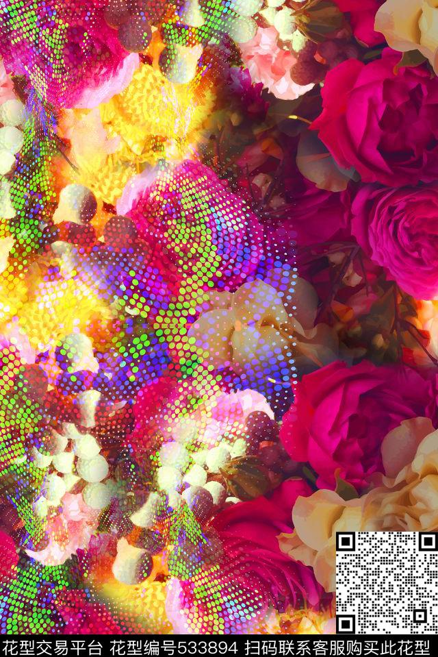 彩色波点抽象花卉数码印花华亿平台下载（图片编号: 533894） - 瓦栏（Walan）