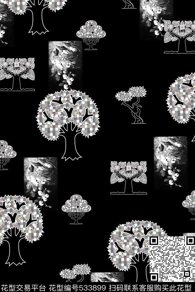 抽象小树几何拼块传统印花华亿平台下载（图片编号: 533899） - 瓦栏（Walan）