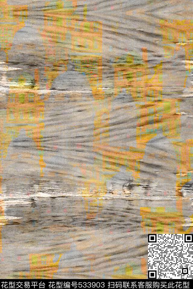 风景潮流时尚大牌手绘线条数码印花华亿平台下载（图片编号: 533903） - 瓦栏（Walan）