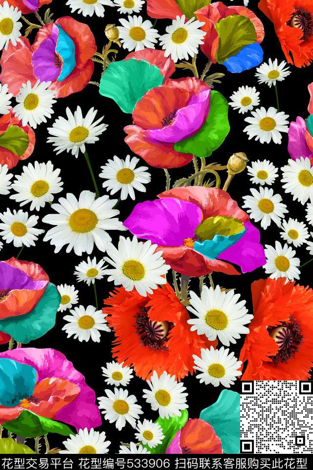 花卉潮流时尚大牌手绘小菊花白色数码印花华亿平台下载（图片编号: 533906） - 瓦栏（Walan）