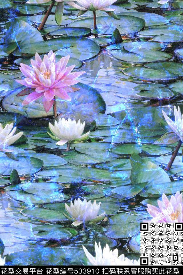 花卉潮流时尚大牌手绘油画荷花数码印花华亿平台下载（图片编号: 533910） - 瓦栏（Walan）