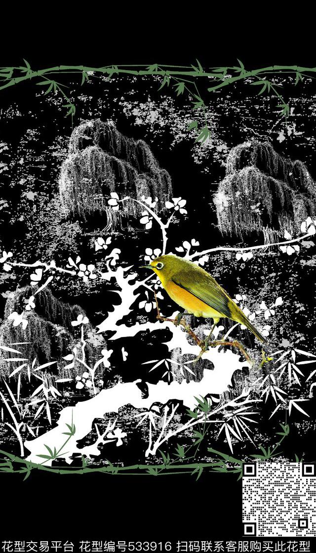 抽象黑白手绘树枝数码印花华亿平台下载（图片编号: 533916） - 瓦栏（Walan）