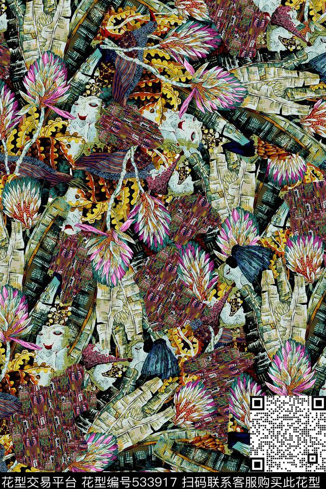 女装潮流时尚大牌手绘抽象涂鸦数码印花华亿平台下载（图片编号: 533917） - 瓦栏（Walan）