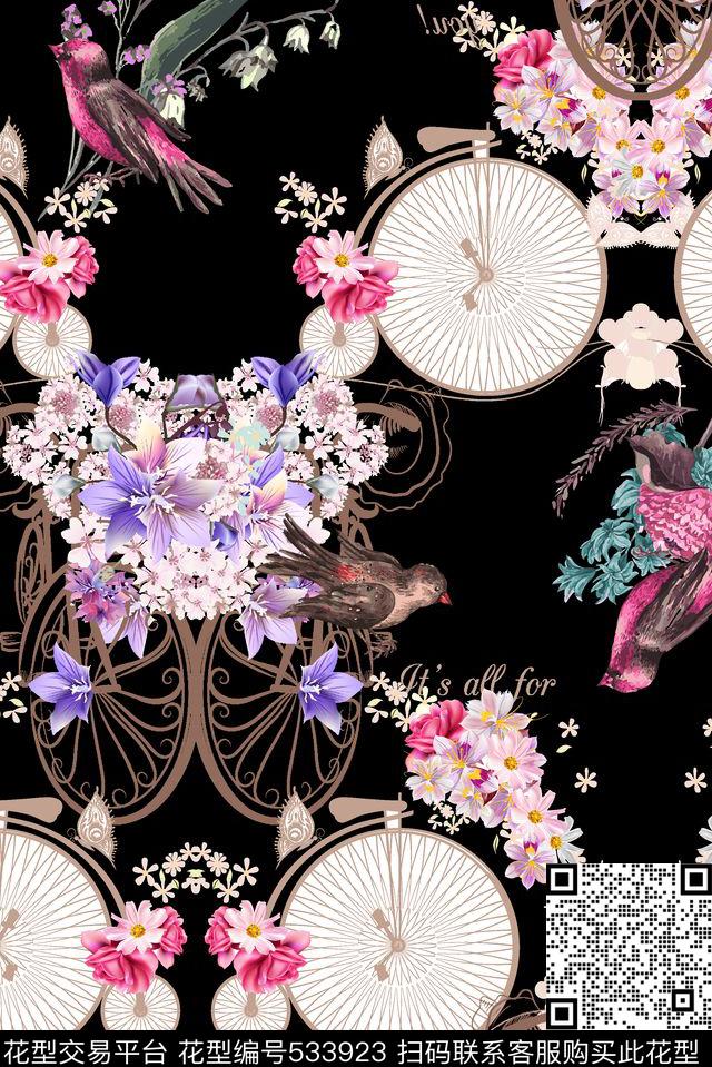 复古风格车轮花卉数码印花华亿平台下载（图片编号: 533923） - 瓦栏（Walan）