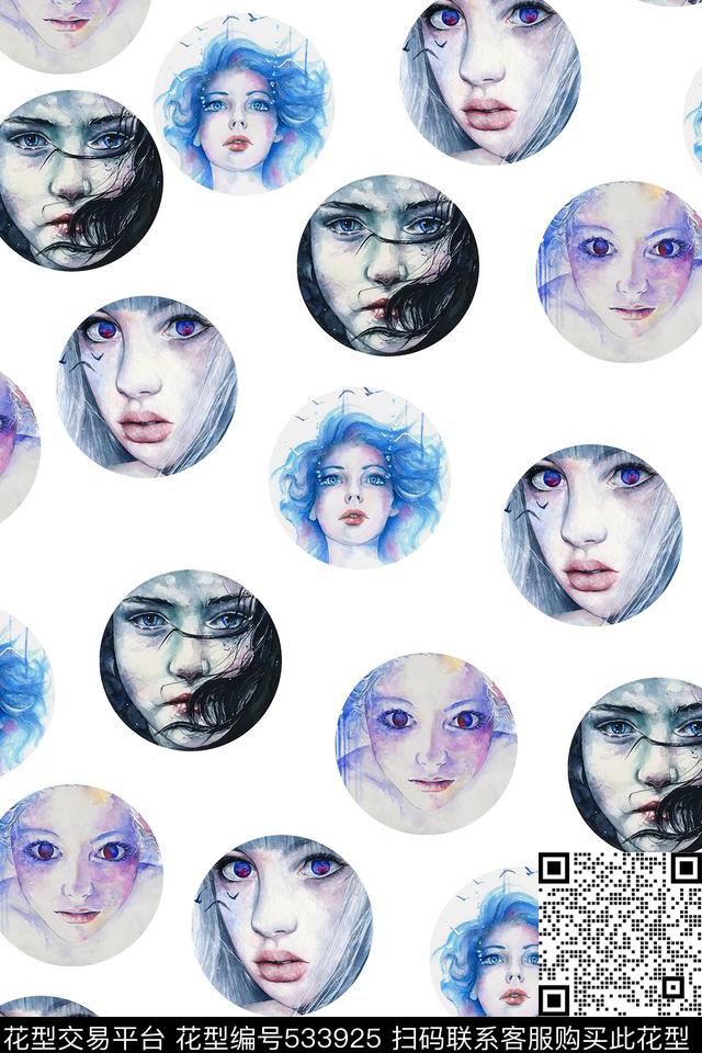 插画女孩圆形数码印花华亿平台下载（图片编号: 533925） - 瓦栏（Walan）
