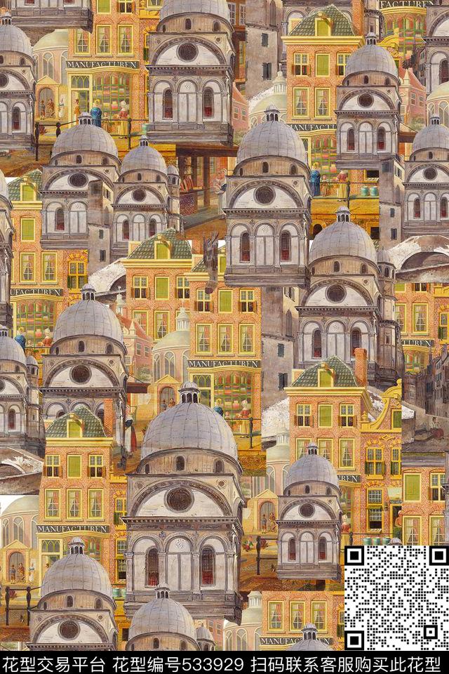 潮流时尚大牌服装复古欧式建筑拼接数码印花华亿平台下载（图片编号: 533929） - 瓦栏（Walan）