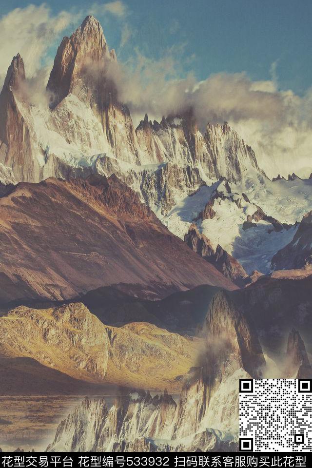 复古山脉蓝天数码印花华亿平台下载（图片编号: 533932） - 瓦栏（Walan）