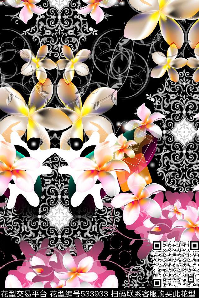 抽象宫廷花边数码印花华亿平台下载（图片编号: 533933） - 瓦栏（Walan）