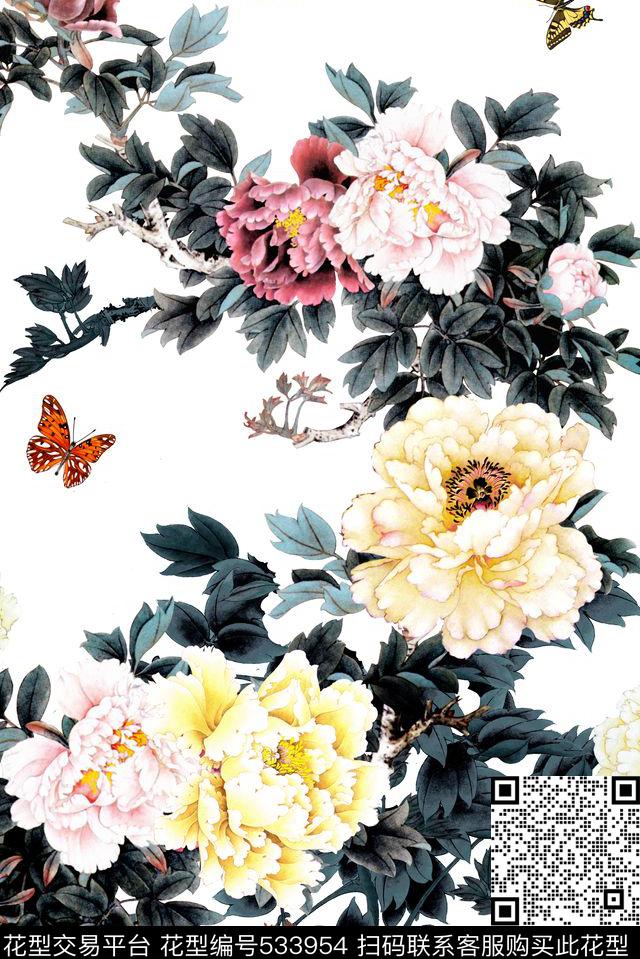 牡丹花旗袍中国风数码印花华亿平台下载（图片编号: 533954） - 瓦栏（Walan）