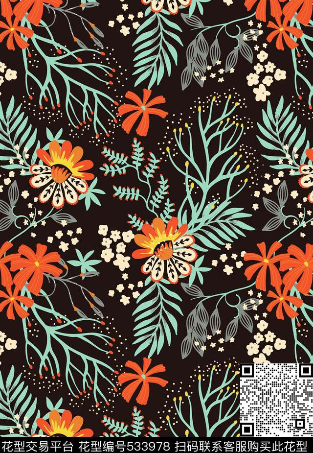 橘色小碎花田园风植物花卉系列传统印花华亿平台下载（图片编号: 533978） - 瓦栏（Walan）