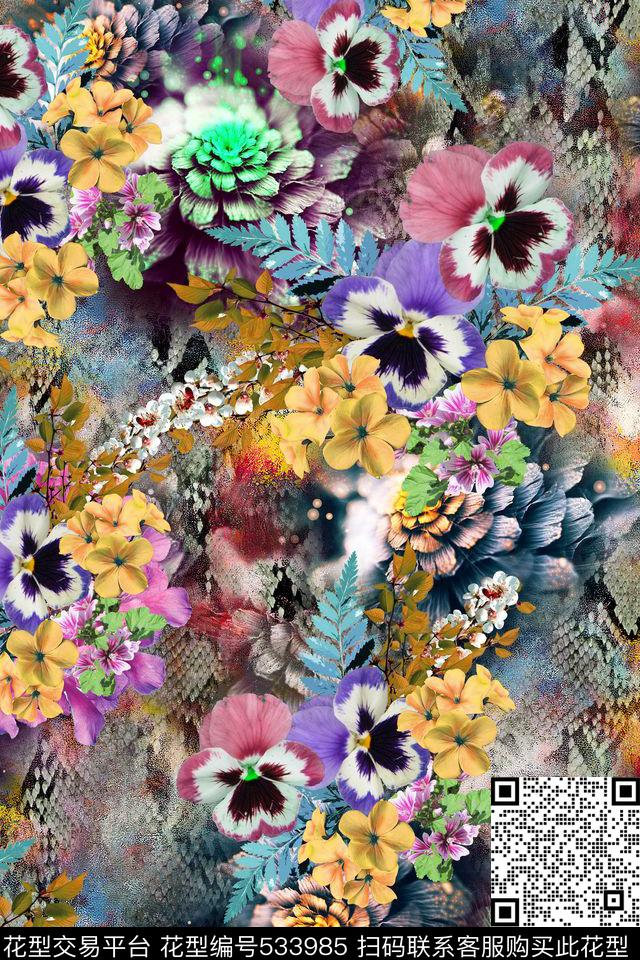 花卉层次蛇纹数码印花华亿平台下载（图片编号: 533985） - 瓦栏（Walan）