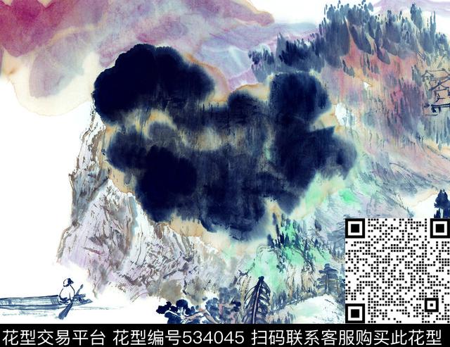 中国风中国风大写意山水画青山绿水房子男女装华亿平台数码印花华亿平台下载（图片编号: 534045） - 瓦栏（Walan）
