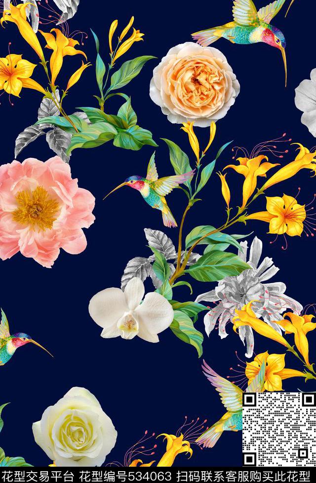 花卉小鸟黑底花卉数码印花华亿平台下载（图片编号: 534063） - 瓦栏（Walan）