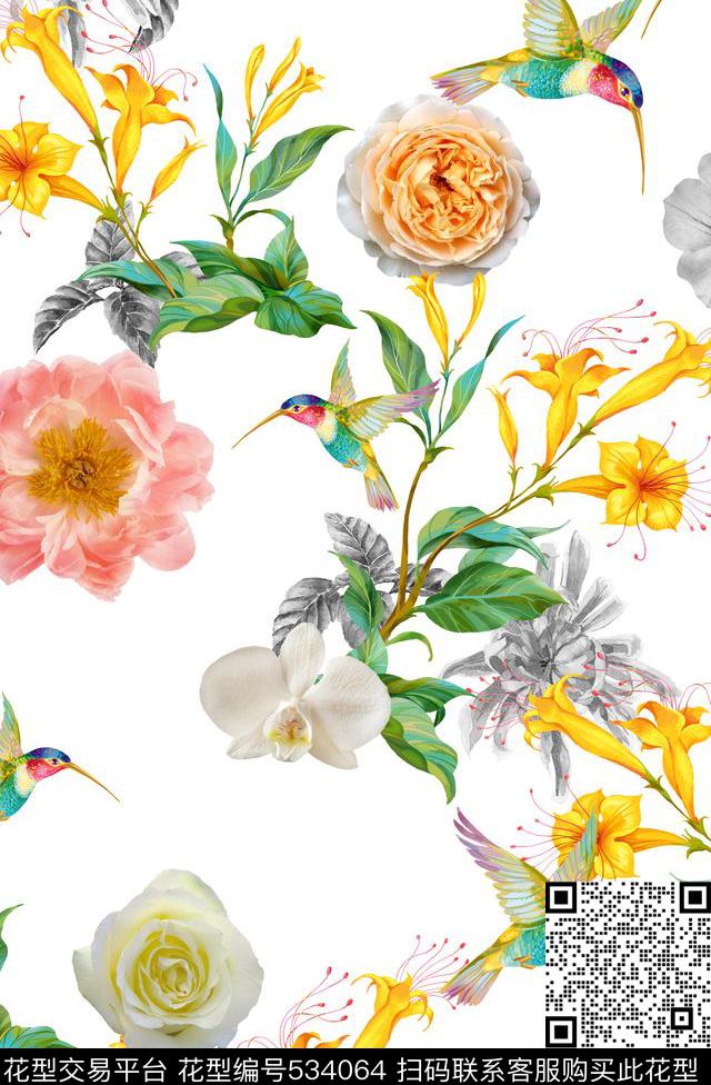 花卉小鸟郁金香数码印花华亿平台下载（图片编号: 534064） - 瓦栏（Walan）