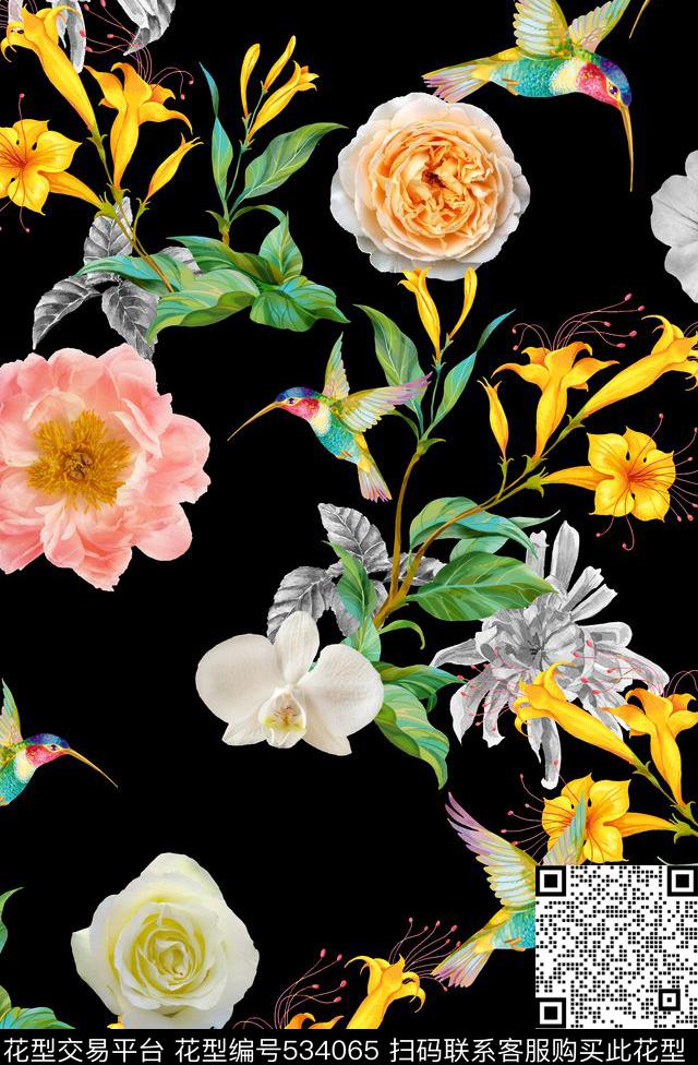 花卉小鸟郁金香数码印花华亿平台下载（图片编号: 534065） - 瓦栏（Walan）