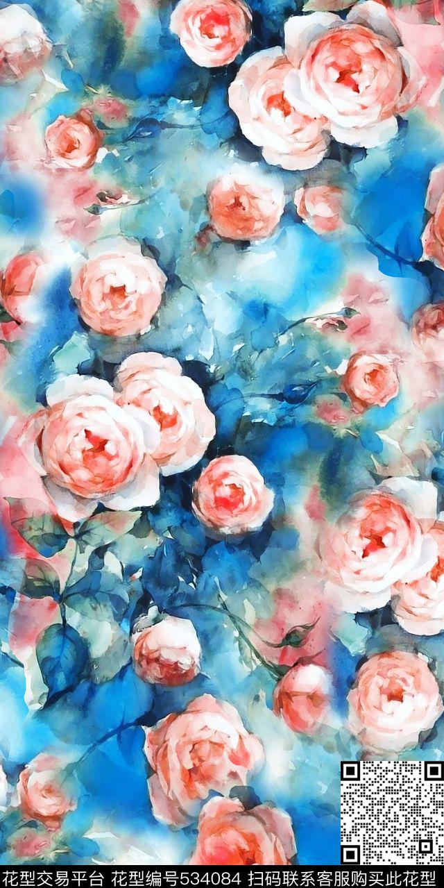 丝绸丝巾人造棉水彩花卉玫瑰花时尚新潮流行数码印花华亿平台下载（图片编号: 534084） - 瓦栏（Walan）