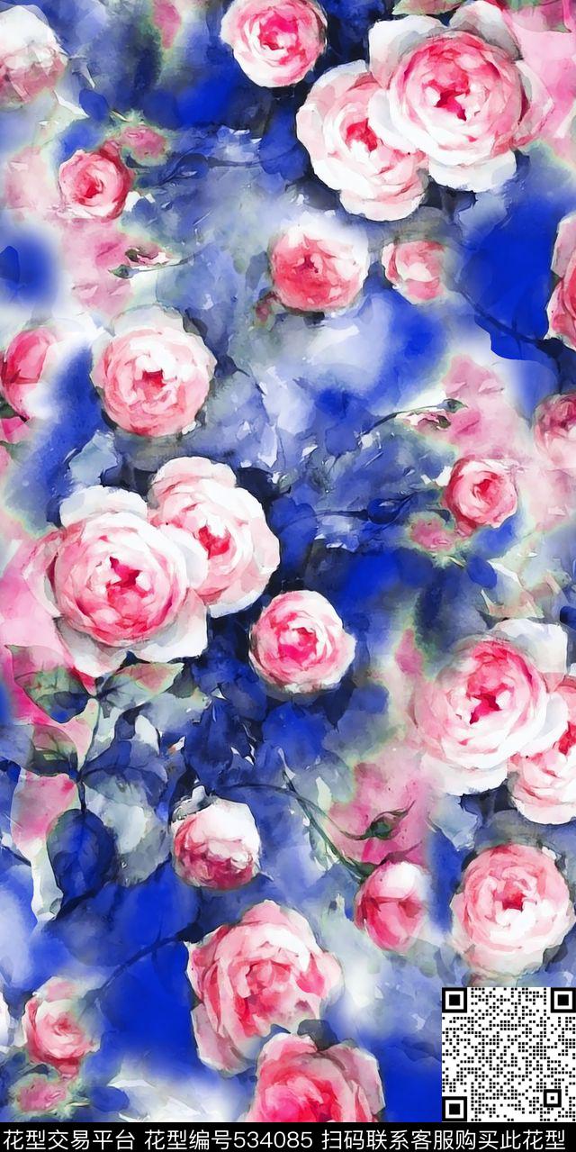 丝绸丝巾人造棉水彩花卉玫瑰花时尚新潮流行数码印花华亿平台下载（图片编号: 534085） - 瓦栏（Walan）