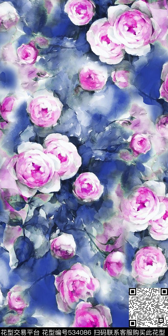丝绸丝巾人造棉水彩花卉玫瑰花时尚新潮流行数码印花华亿平台下载（图片编号: 534086） - 瓦栏（Walan）