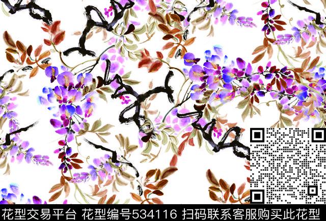 水墨花卉花卉大牌花朵数码印花华亿平台下载（图片编号: 534116） - 瓦栏（Walan）