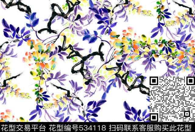 水墨花卉花卉大牌花朵数码印花华亿平台下载（图片编号: 534118） - 瓦栏（Walan）