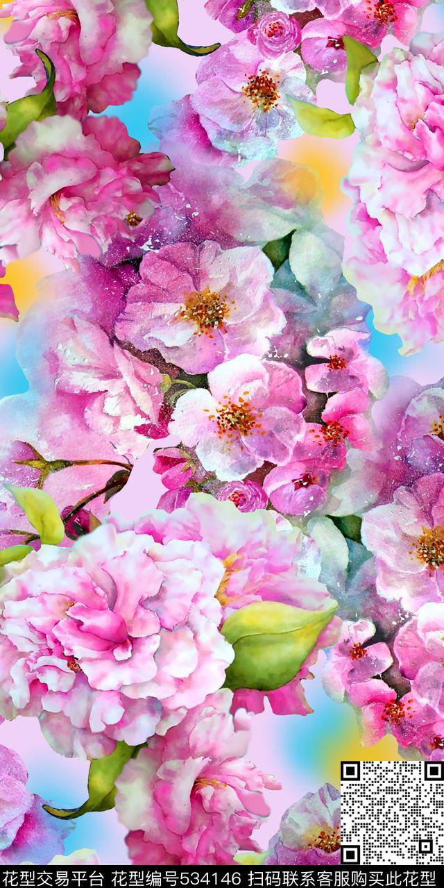 丝绸丝巾人造棉水彩牡丹花桃花时尚新潮流行数码印花华亿平台下载（图片编号: 534146） - 瓦栏（Walan）