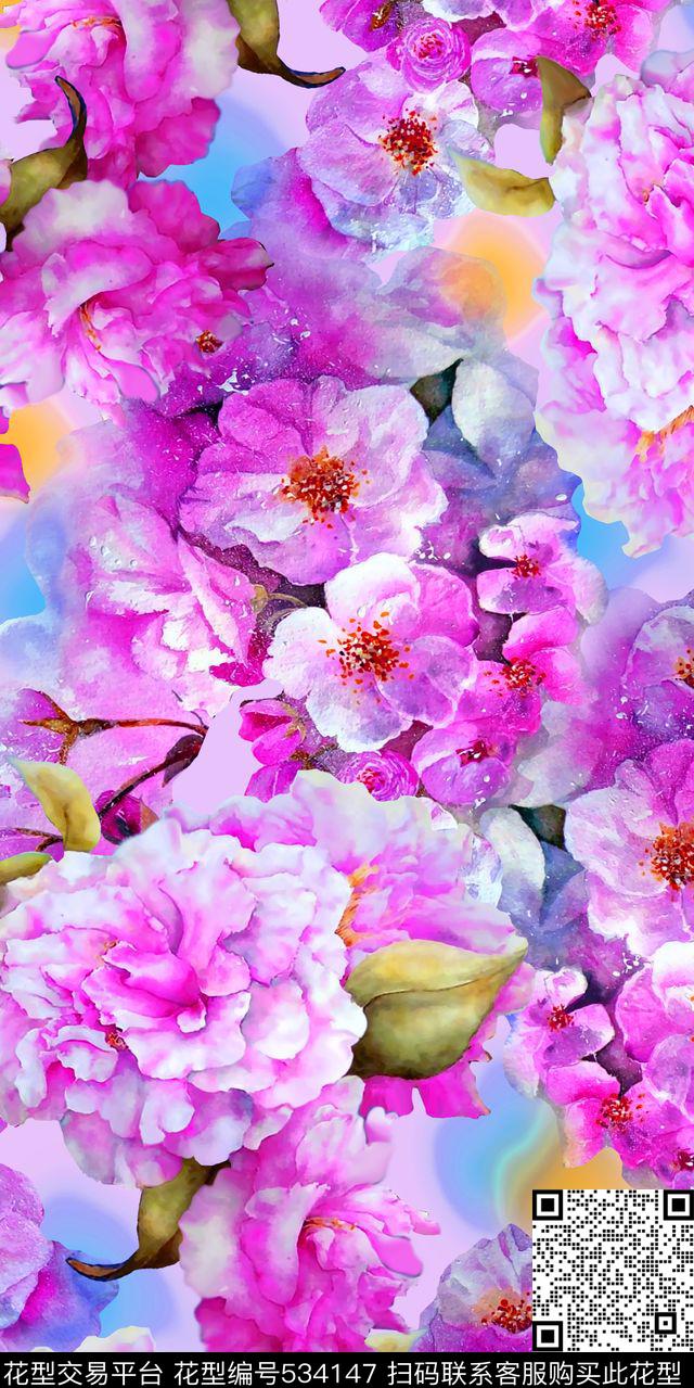 丝绸丝巾人造棉水彩牡丹花桃花时尚新潮流行数码印花华亿平台下载（图片编号: 534147） - 瓦栏（Walan）