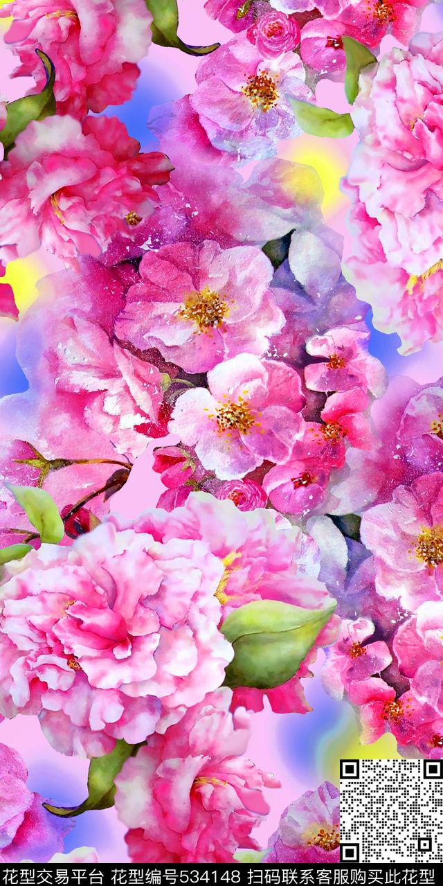 丝绸丝巾人造棉水彩牡丹花桃花时尚新潮流行数码印花华亿平台下载（图片编号: 534148） - 瓦栏（Walan）