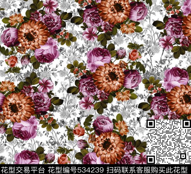 世界手绘花复古数码印花华亿平台下载（图片编号: 534239） - 瓦栏（Walan）