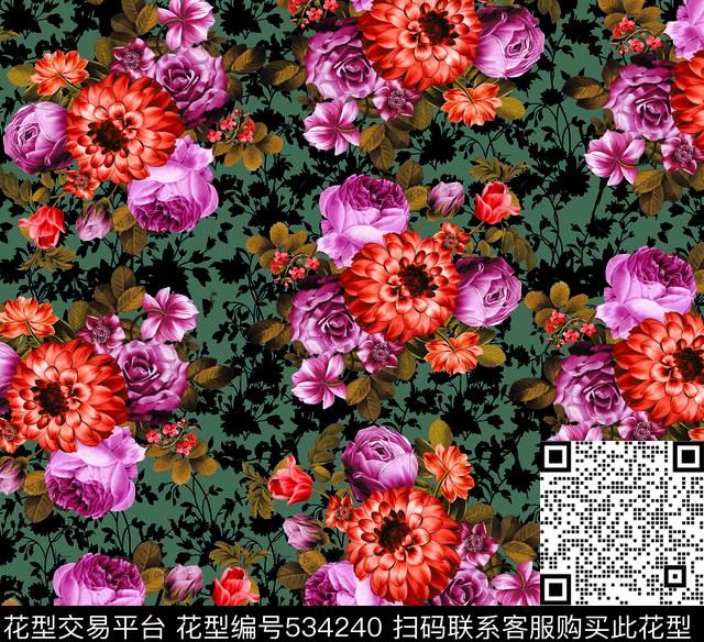 世界手绘花复古数码印花华亿平台下载（图片编号: 534240） - 瓦栏（Walan）