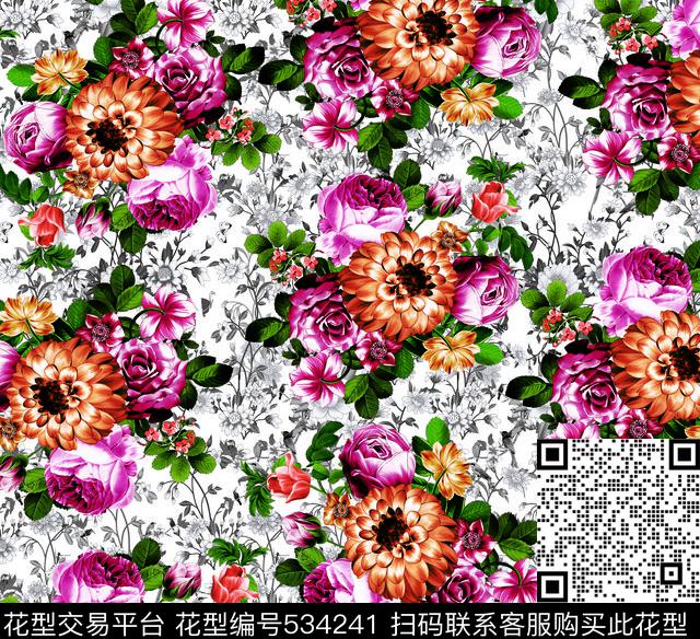 世界手绘花复古数码印花华亿平台下载（图片编号: 534241） - 瓦栏（Walan）