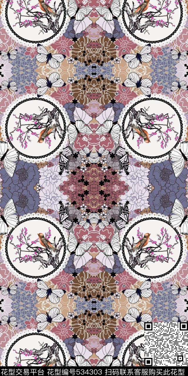 中国风花鸟蝴蝶传统印花华亿平台下载（图片编号: 534303） - 瓦栏（Walan）