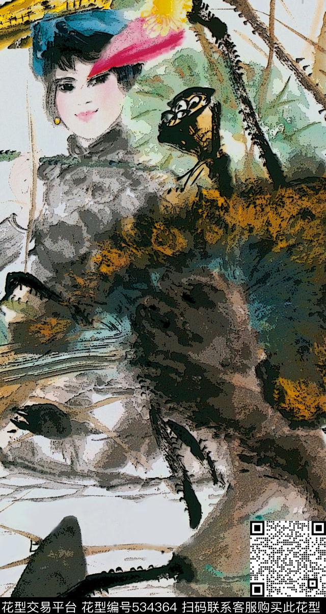 中国风中国风水墨荷花人物大写意名家棉麻印花意境数码印花华亿平台下载（图片编号: 534364） - 瓦栏（Walan）