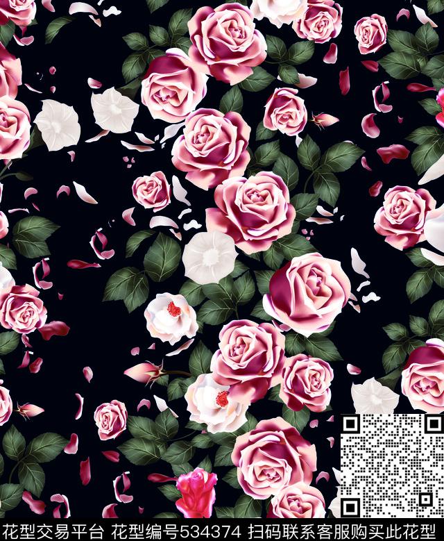 玫瑰花大牌男装时尚花卉数码印花华亿平台下载（图片编号: 534374） - 瓦栏（Walan）