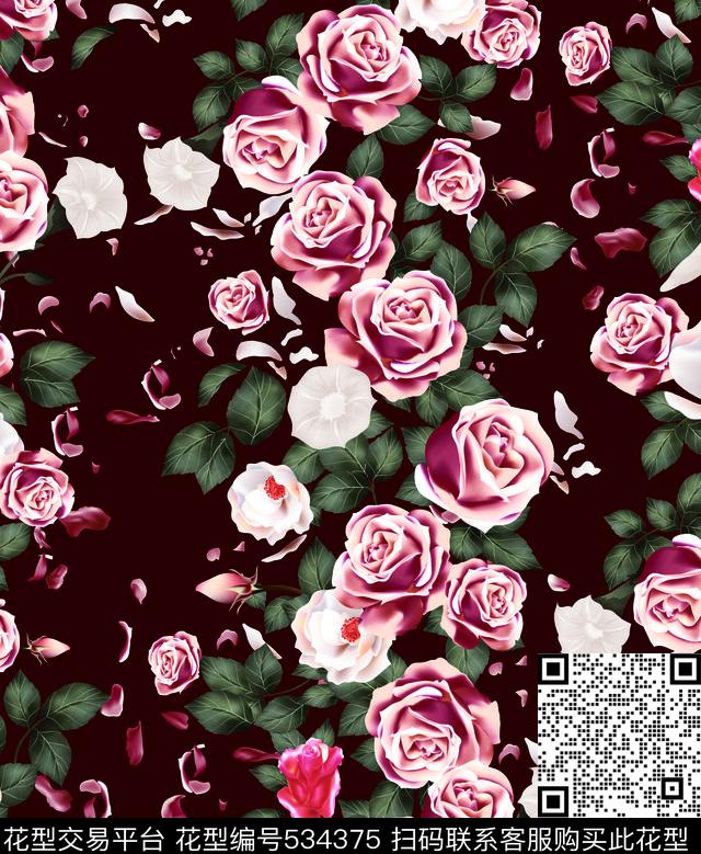 玫瑰花大牌男装时尚花卉数码印花华亿平台下载（图片编号: 534375） - 瓦栏（Walan）