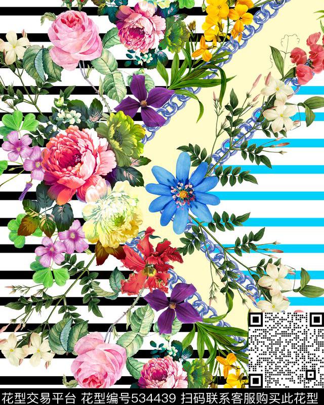 MAX-定位欧美民族风横纹几何手绘花卉链条欧美流行时尚数码印花华亿平台下载（图片编号: 534439） - 瓦栏（Walan）