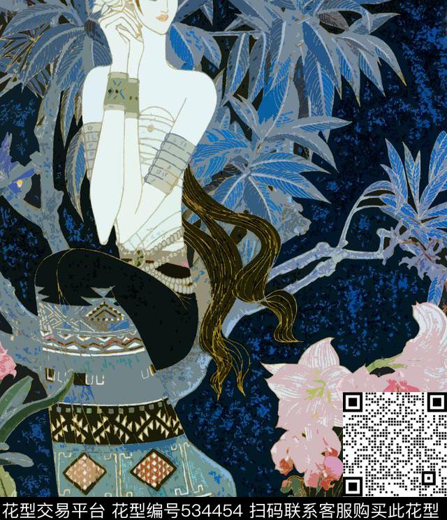 待嫁的新娘族中国风民族人物树叶花卉工笔人物中国风数码印花华亿平台下载（图片编号: 534454） - 瓦栏（Walan）