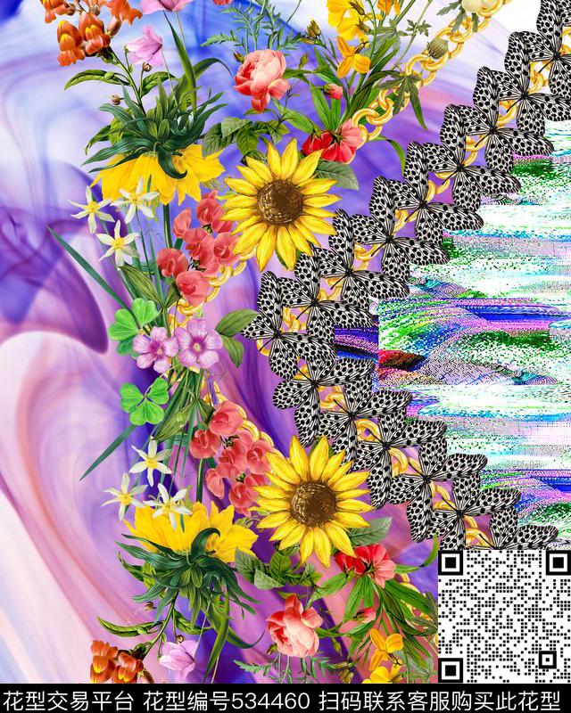 MAX-定位欧美民族风流行时尚手绘幻彩花卉链条蝴蝶密语数码印花华亿平台下载（图片编号: 534460） - 瓦栏（Walan）