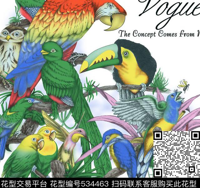 花纹鸟胸口花数码印花华亿平台下载（图片编号: 534463） - 瓦栏（Walan）