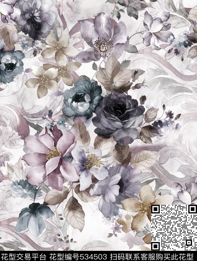 花卉玫瑰欧式花纹数码印花华亿平台下载（图片编号: 534503） - 瓦栏（Walan）
